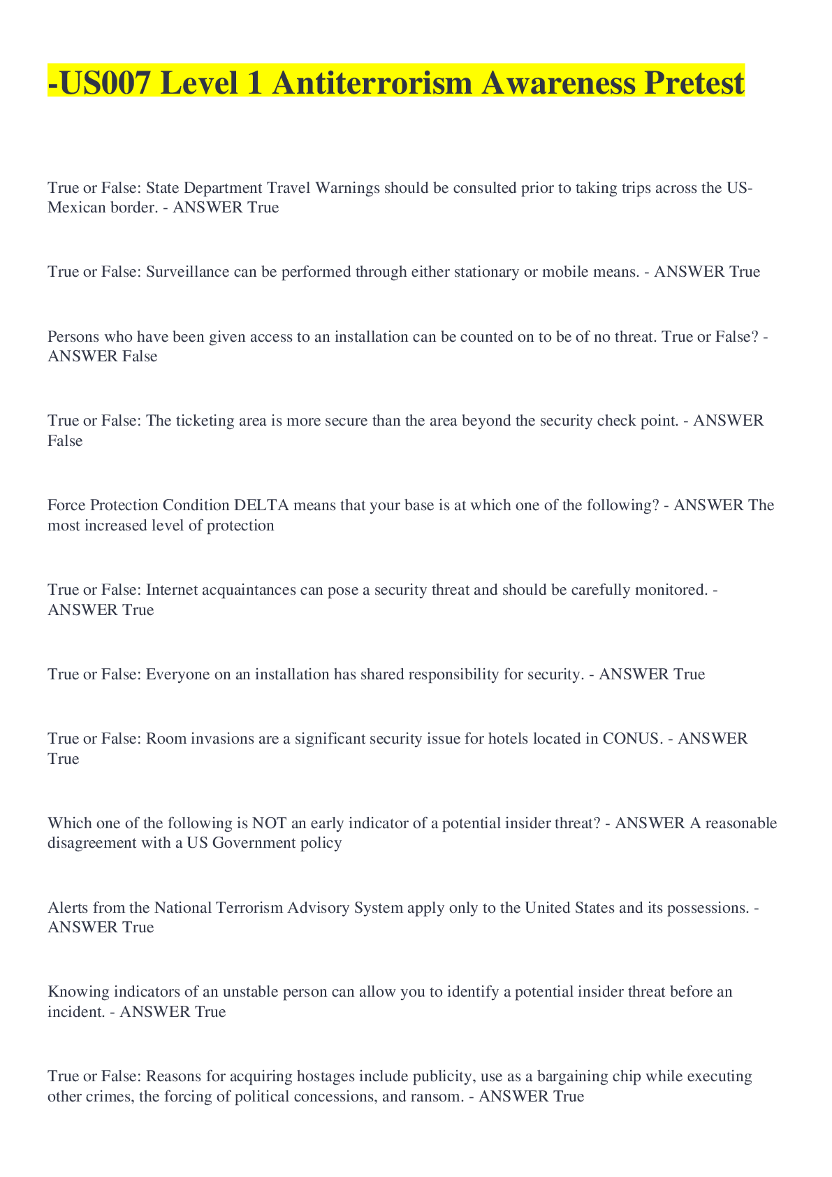 Preview image of -US007 Level 1 Antiterrorism Awareness Pretest document